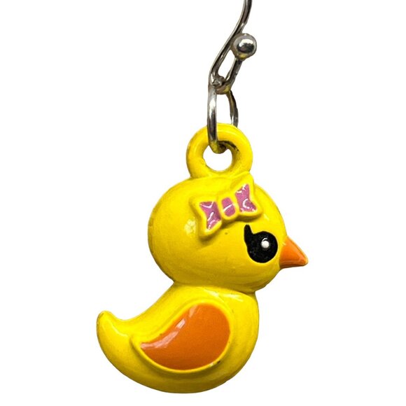 Yellow Duck Dangle Earrings Metal Ducklings Pink Bow Hooks 1 3/8" - Picture 3 of 4